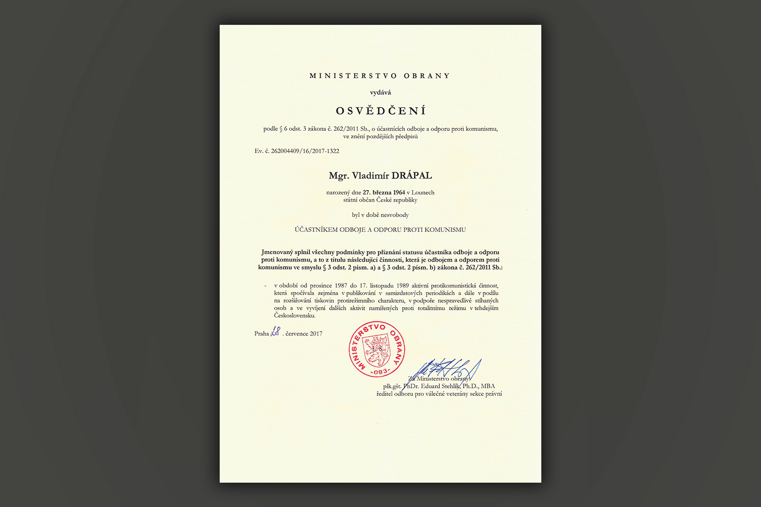 Diplom za účast v odboji a odporu vůči komunismu